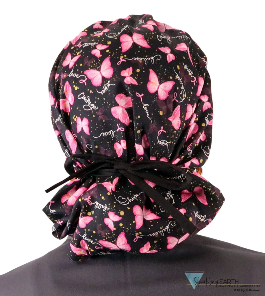 Banded Bouffant Ponytail Scrub Caps Wings of Hope (Pink Ribbons) with Black Ties Banded Bouffant Surgical Scrub Caps