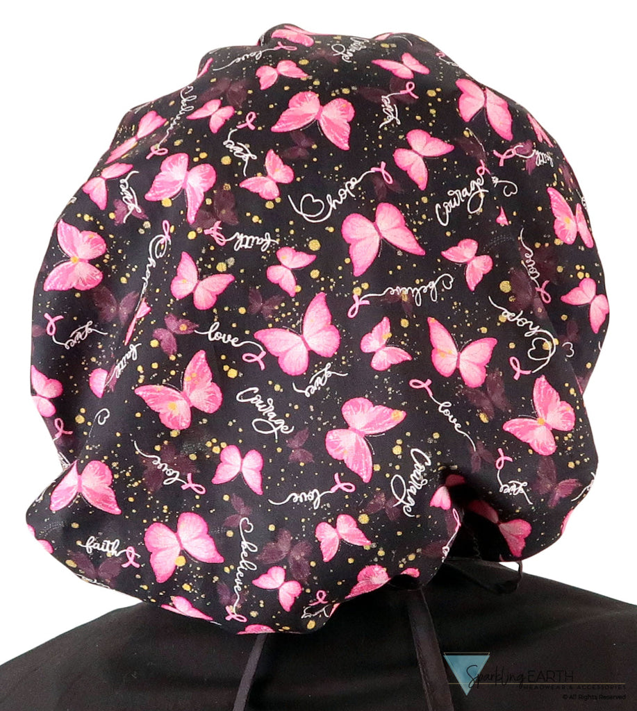 Banded Bouffant Ponytail Scrub Caps Wings of Hope (Pink Ribbons) with Black Ties Banded Bouffant Surgical Scrub Caps