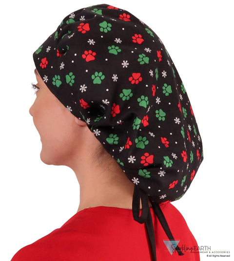 Banded Bouffant Surgical Scrub Cap - Paws Dashing Through The Snow With Black Ties Caps