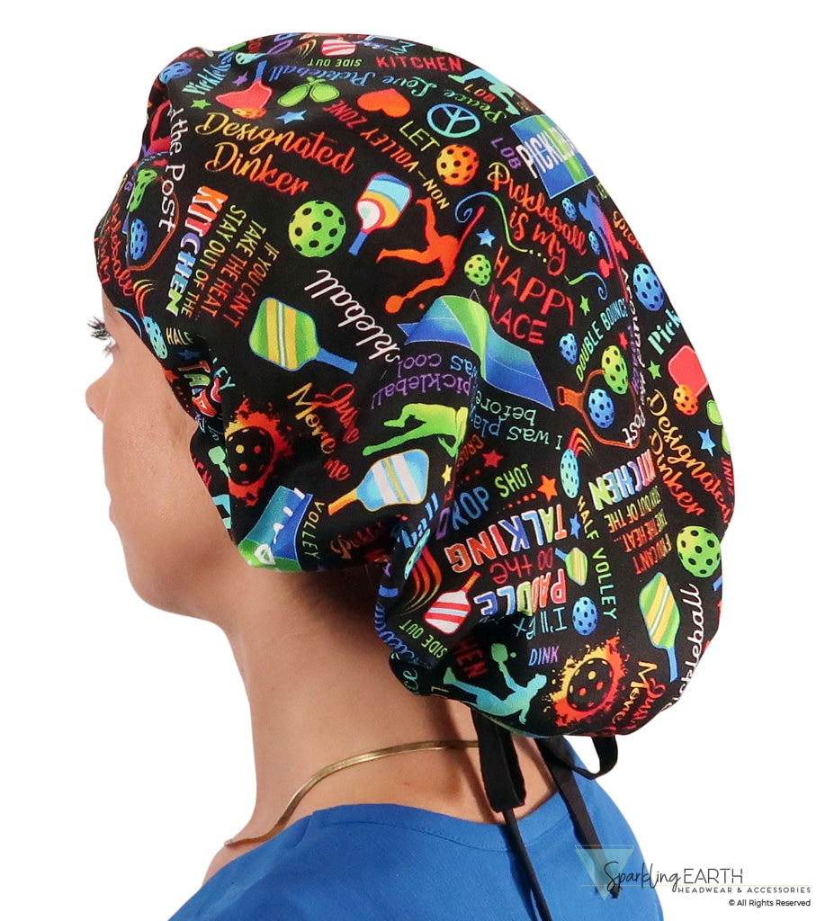 Banded Bouffant Surgical Scrub Cap - Pickleball Mania with Black Ties - Banded Bouffant Surgical Scrub Caps - Sparkling EARTH