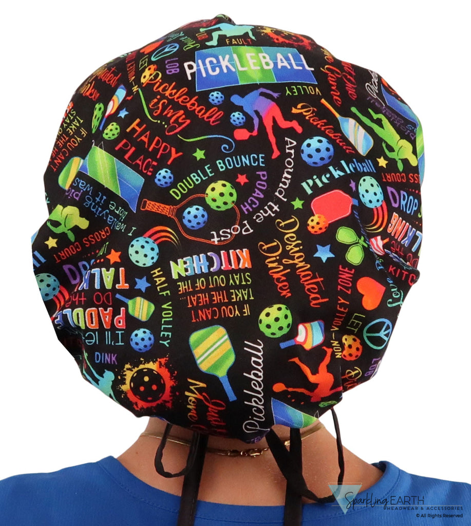 Banded Bouffant Surgical Scrub Cap - Pickleball Mania with Black Ties - Banded Bouffant Surgical Scrub Caps - Sparkling EARTH