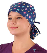 Big Hair Ponytail Surgical Scrub Cap - Scrub Cap for Long Hair - Candy Heart Parade Big Hair Surgical Scrub Caps