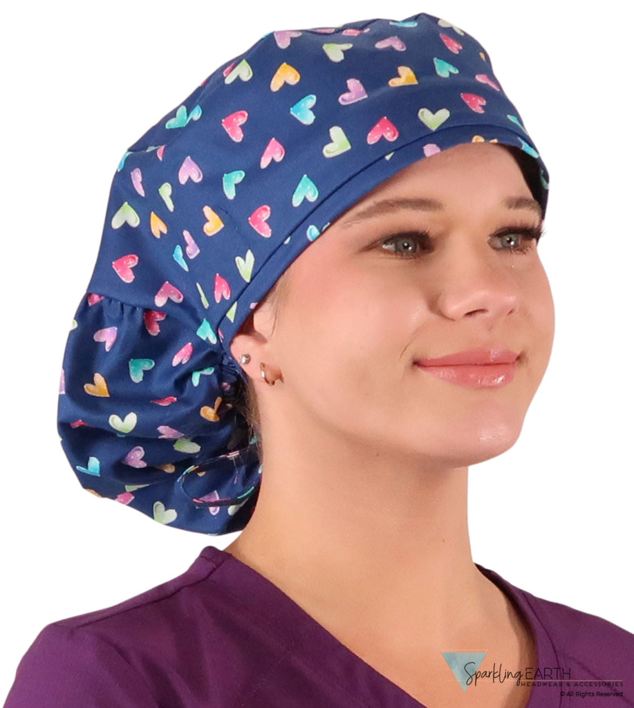 Big Hair Ponytail Surgical Scrub Cap - Scrub Cap for Long Hair - Candy Heart Parade Big Hair Surgical Scrub Caps