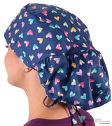 Big Hair Ponytail Surgical Scrub Cap - Scrub Cap for Long Hair - Candy Heart Parade Big Hair Surgical Scrub Caps