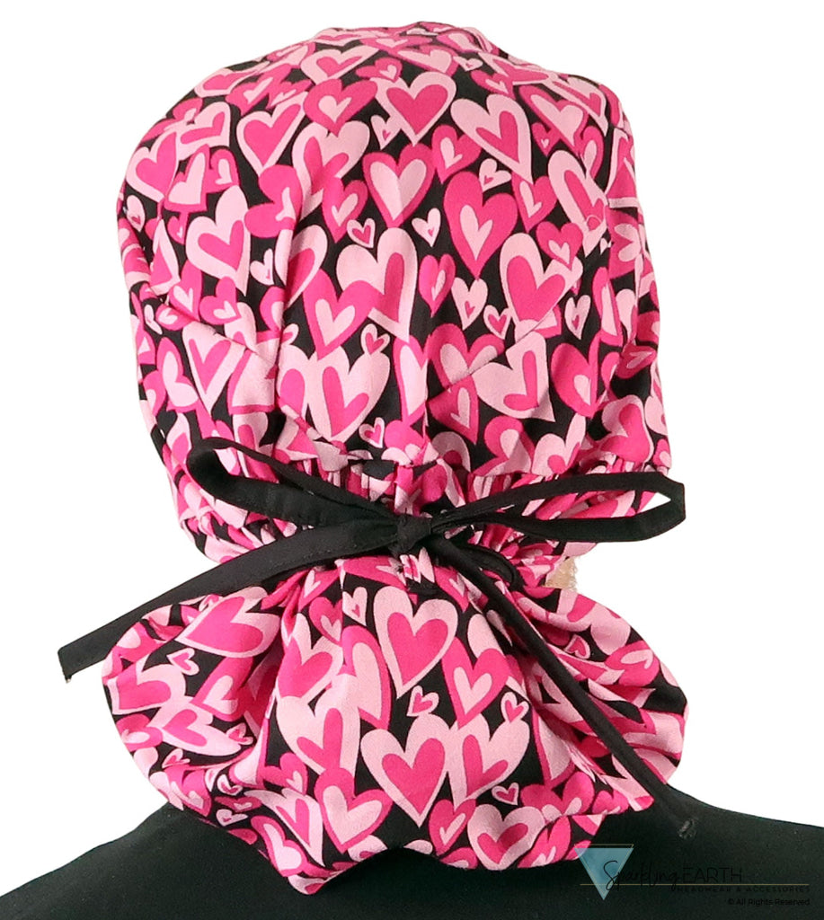 Big Hair Ponytail Surgical Scrub Cap - Scrub Cap for Long Hair - Hearts Forever with Black Ties Big Hair Surgical Scrub