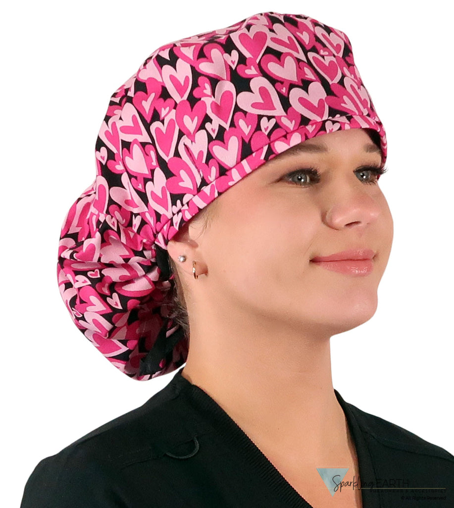 Big Hair Ponytail Surgical Scrub Cap - Scrub Cap for Long Hair - Hearts Forever with Black Ties Big Hair Surgical Scrub