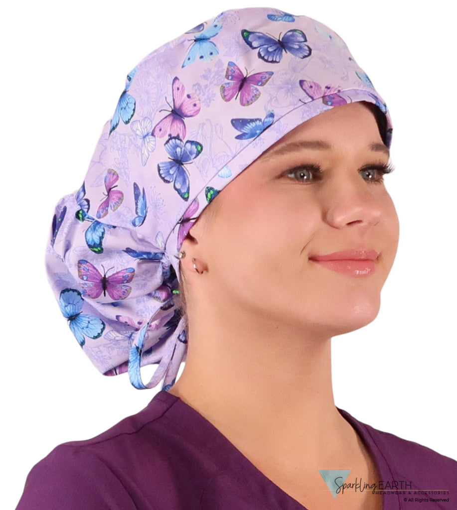 Big Hair Ponytail Surgical Scrub Cap - Scrub Cap for Long Hair - Lavender Butterfly Whimsy Big Hair Surgical Scrub Caps