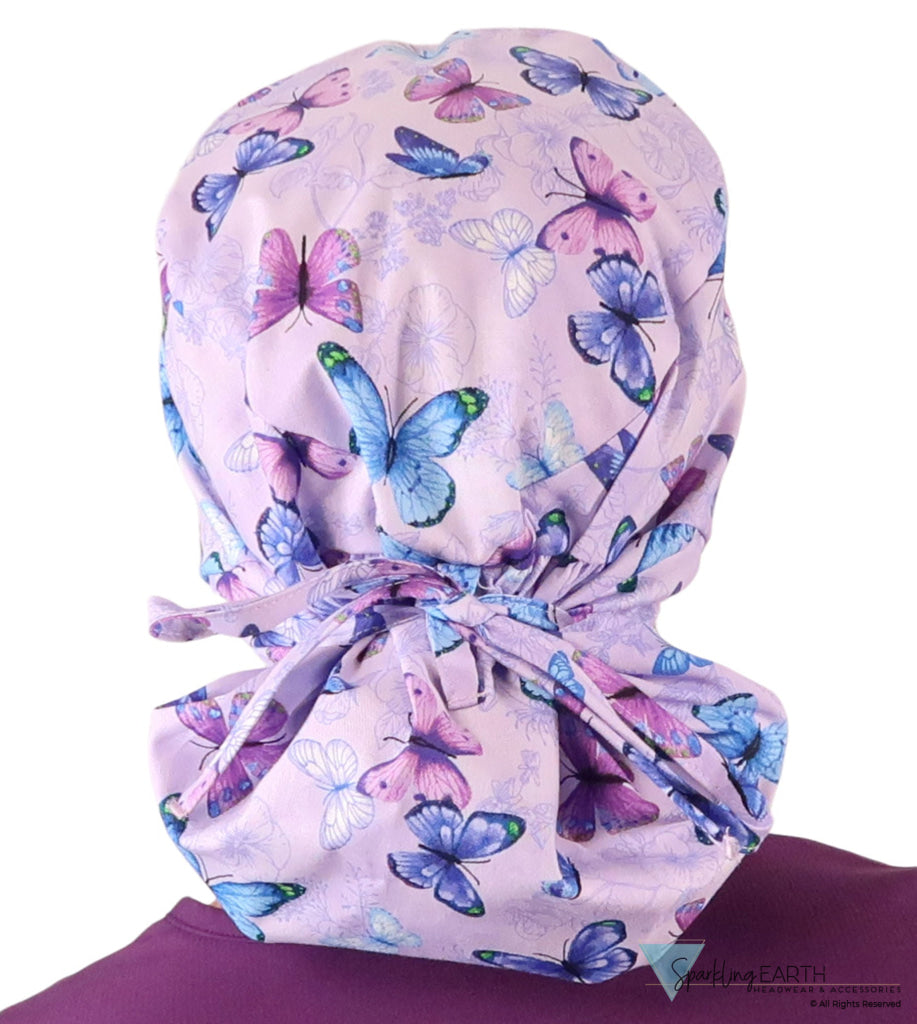 Big Hair Ponytail Surgical Scrub Cap - Scrub Cap for Long Hair - Lavender Butterfly Whimsy Big Hair Surgical Scrub Caps