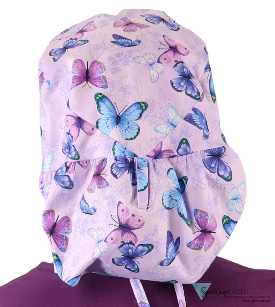 Big Hair Ponytail Surgical Scrub Cap - Scrub Cap for Long Hair - Lavender Butterfly Whimsy Big Hair Surgical Scrub Caps