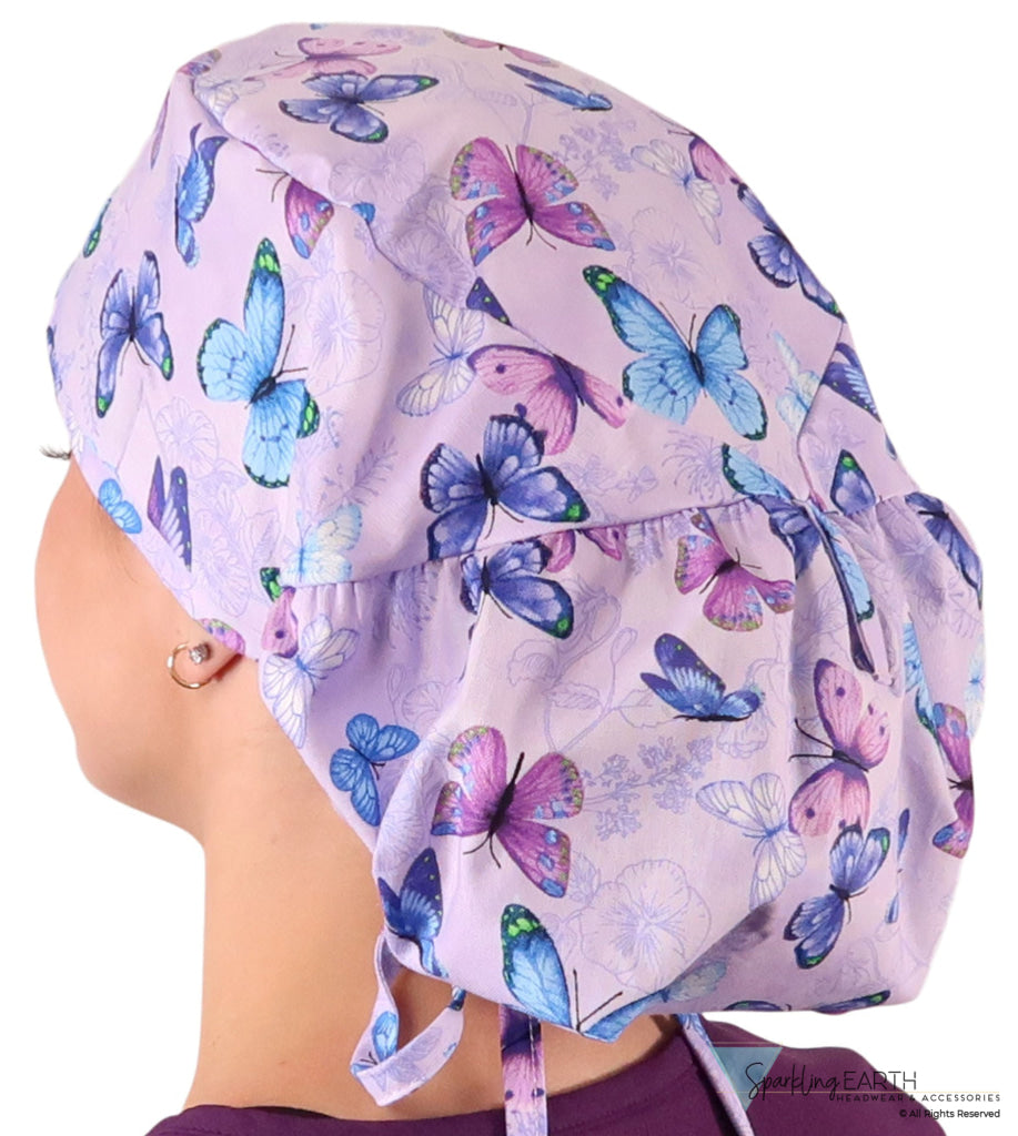 Big Hair Ponytail Surgical Scrub Cap - Scrub Cap for Long Hair - Lavender Butterfly Whimsy Big Hair Surgical Scrub Caps