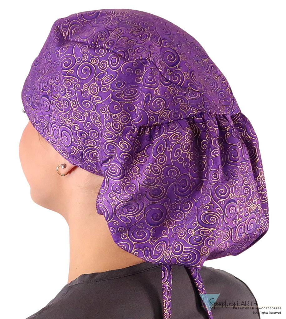 Big Hair Ponytail Surgical Scrub Cap - Scrub Cap for Long Hair - Spectacular Gold Swirls on Purple Big Hair Surgical