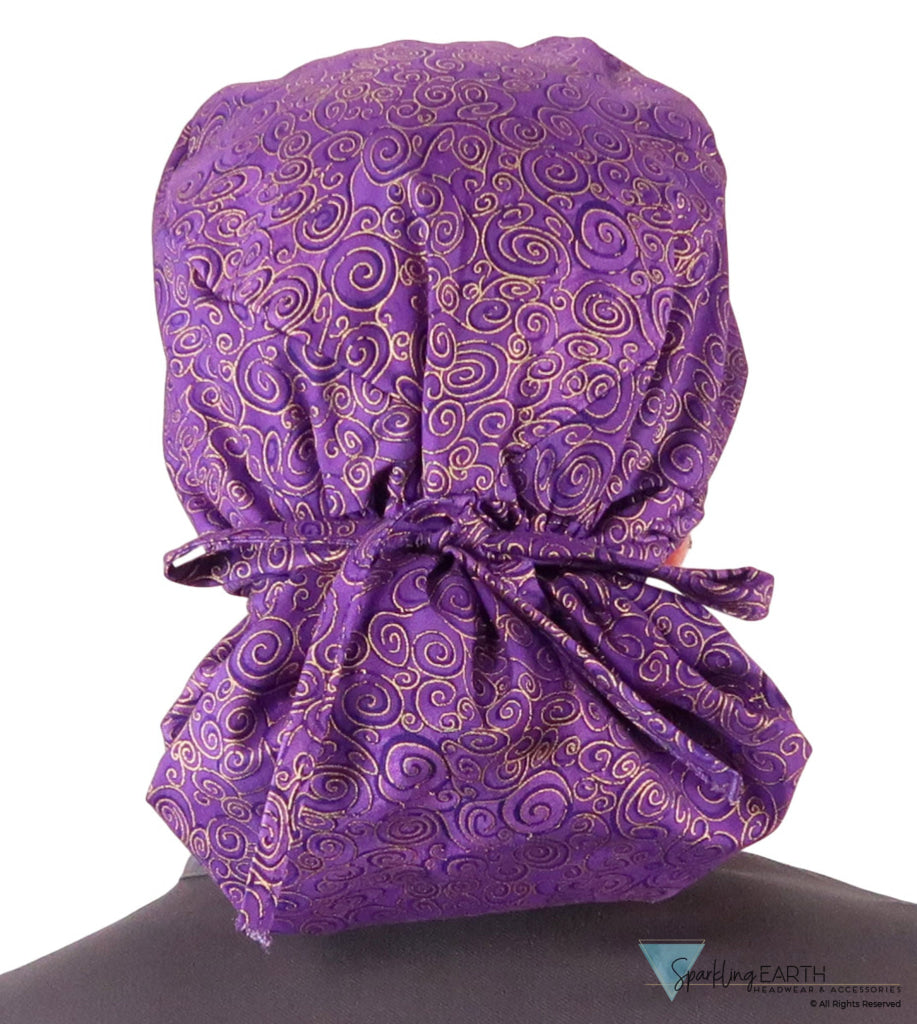 Big Hair Ponytail Surgical Scrub Cap - Scrub Cap for Long Hair - Spectacular Gold Swirls on Purple Big Hair Surgical