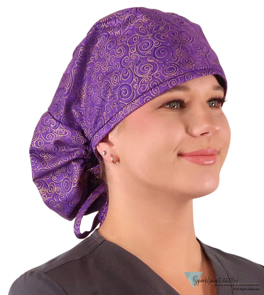 Big Hair Ponytail Surgical Scrub Cap - Scrub Cap for Long Hair - Spectacular Gold Swirls on Purple Big Hair Surgical
