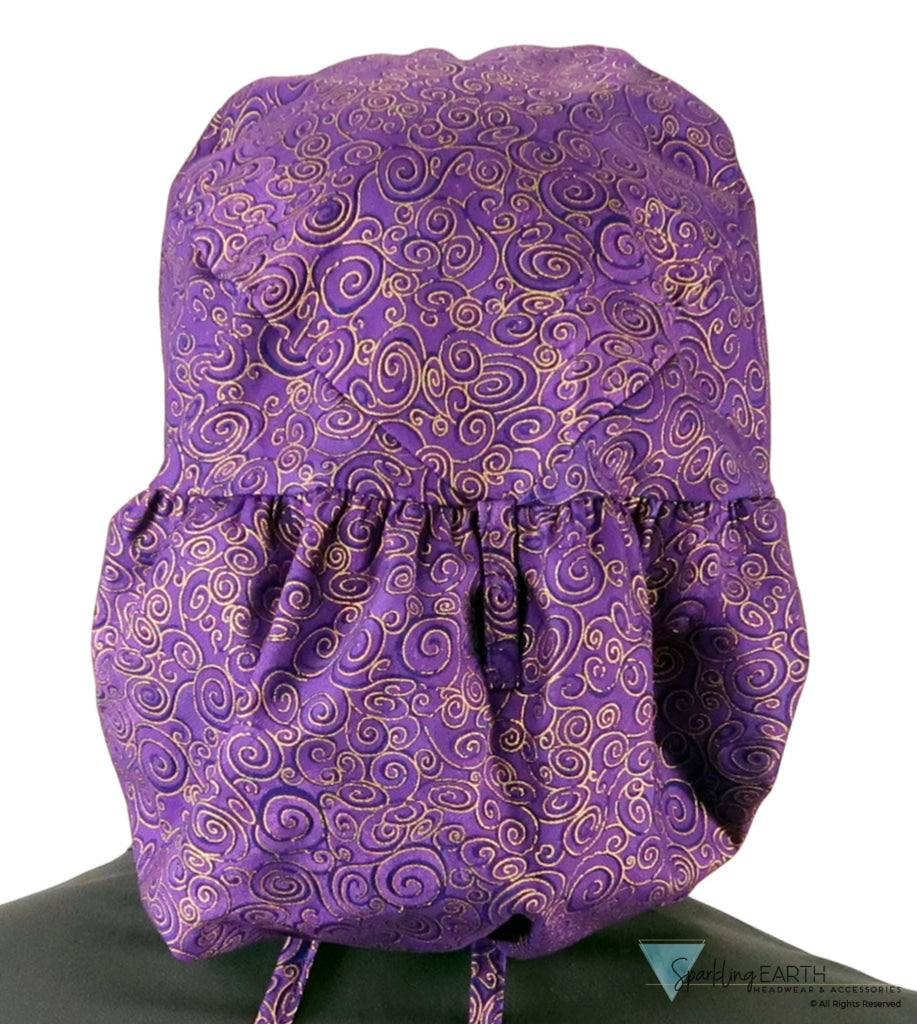 Big Hair Ponytail Surgical Scrub Cap - Scrub Cap for Long Hair - Spectacular Gold Swirls on Purple Big Hair Surgical