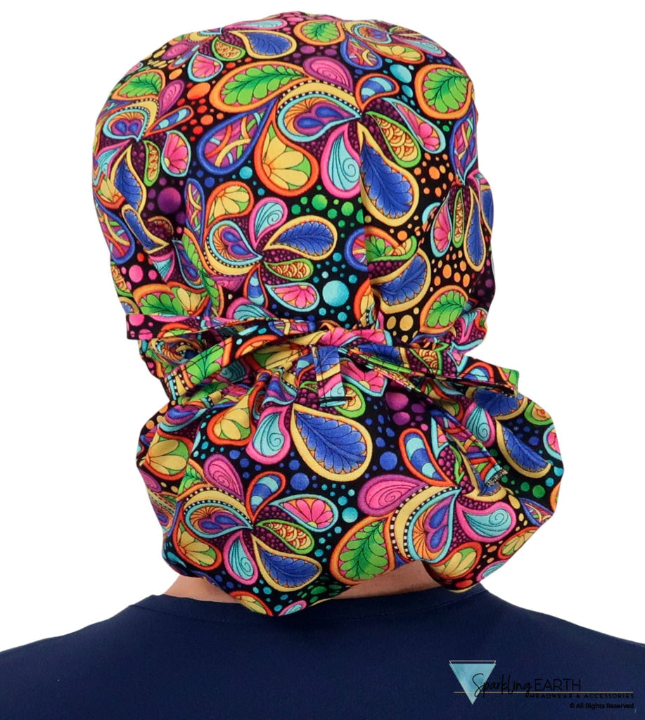 Big Hair Ponytail Surgical Scrub Cap - Perfect Scrub Cap for Long Hair - Bright Flower Paisley Big Hair Surgical Scrub