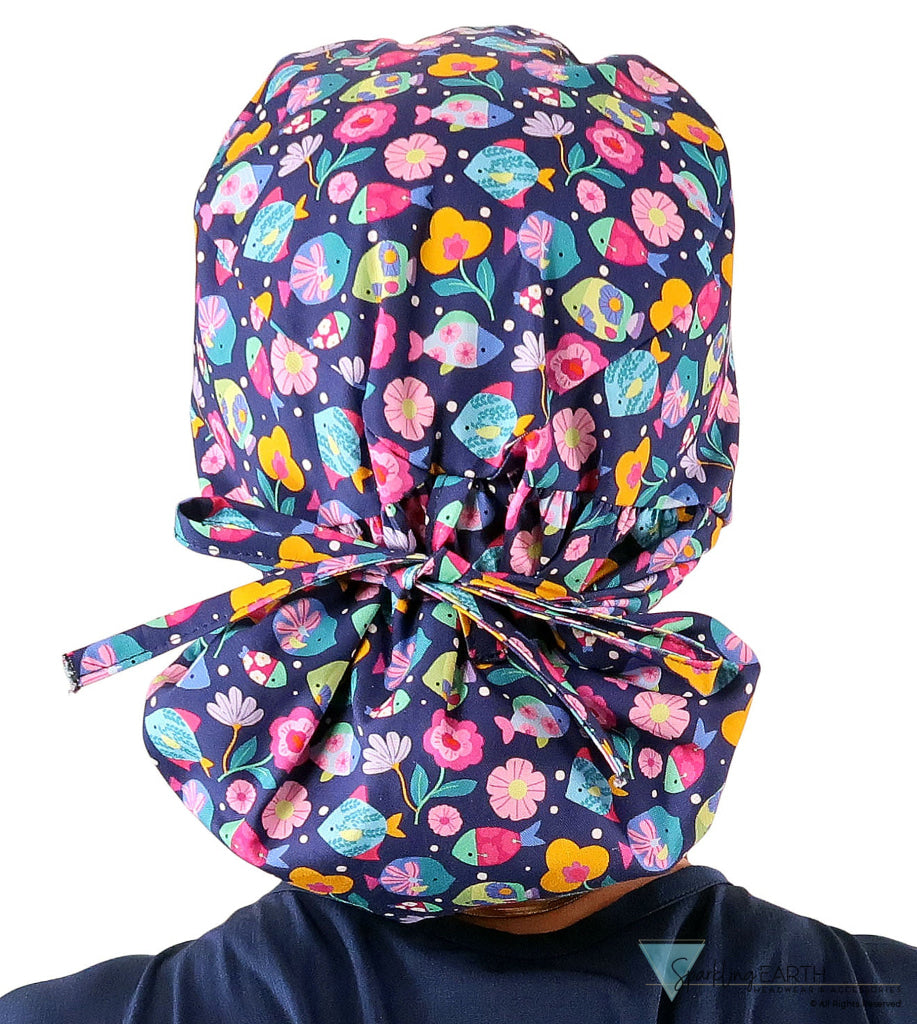 Big Hair Ponytail Surgical Scrub Cap - Perfect Scrub Cap for Long Hair - Fabulous Fishies Big Hair Surgical Scrub Caps