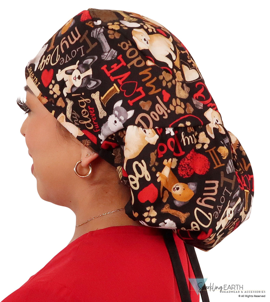Big Hair Surgical Scrub Cap - FURRever Doggie Love with Black Ties - Big Hair Surgical Scrub Caps - Sparkling EARTH