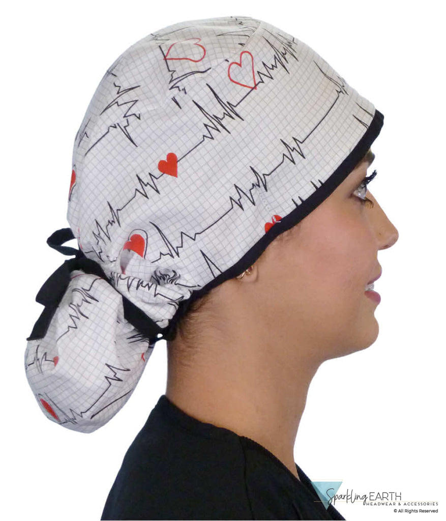 Big Hair Surgical Scrub Cap - Heartbeats on White with Black Ties - Big Hair Surgical Scrub Caps - Sparkling EARTH