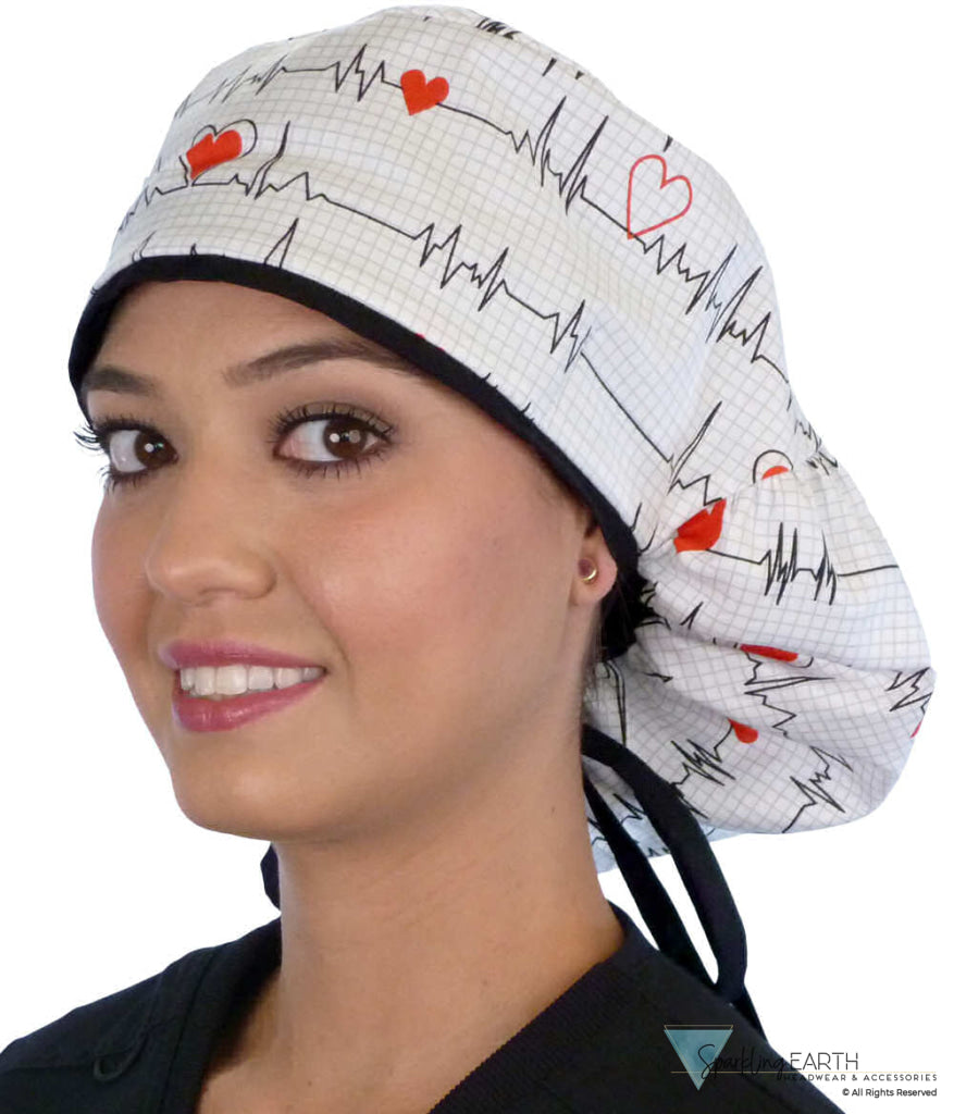 Big Hair Surgical Scrub Cap - Heartbeats on White with Black Ties - Big Hair Surgical Scrub Caps - Sparkling EARTH