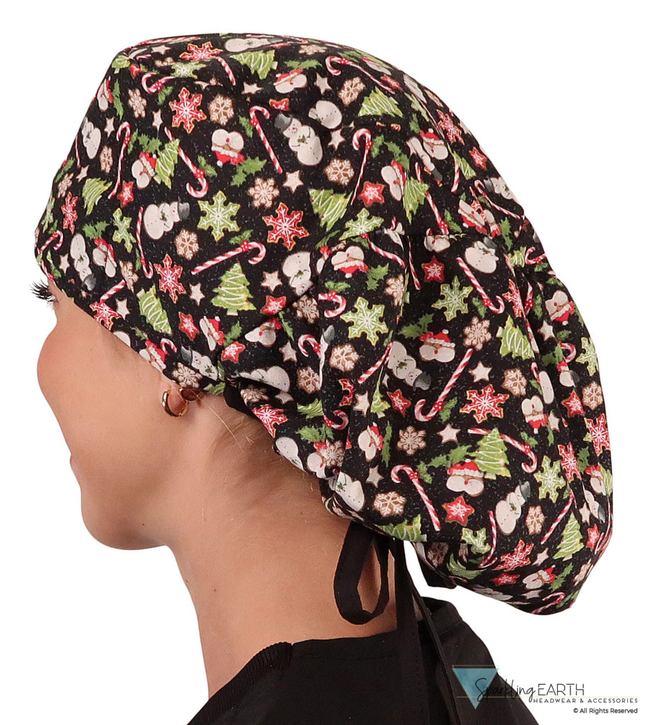 Big Hair Surgical Scrub Cap - Holiday Happiness With Black Ties Caps