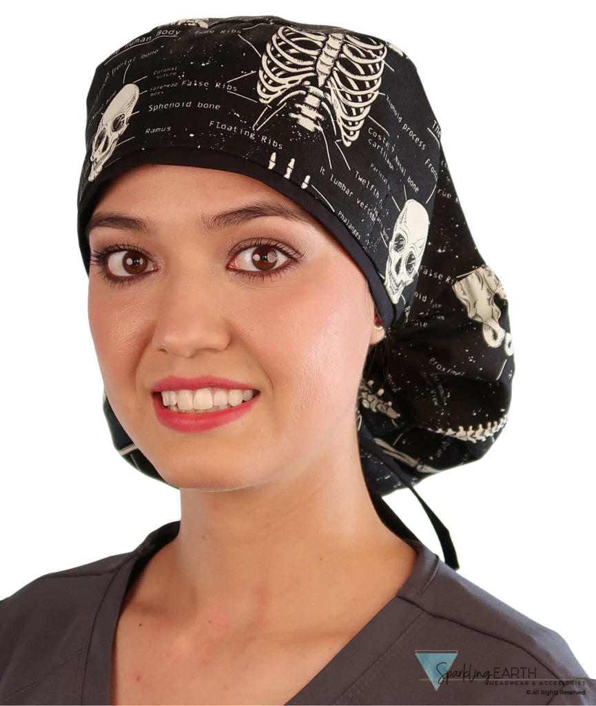 Big Hair Surgical Scrub Cap - Human Body Skeleton with Black Ties (Glow In The Dark) - Big Hair Surgical Scrub Caps - Sparkling EARTH