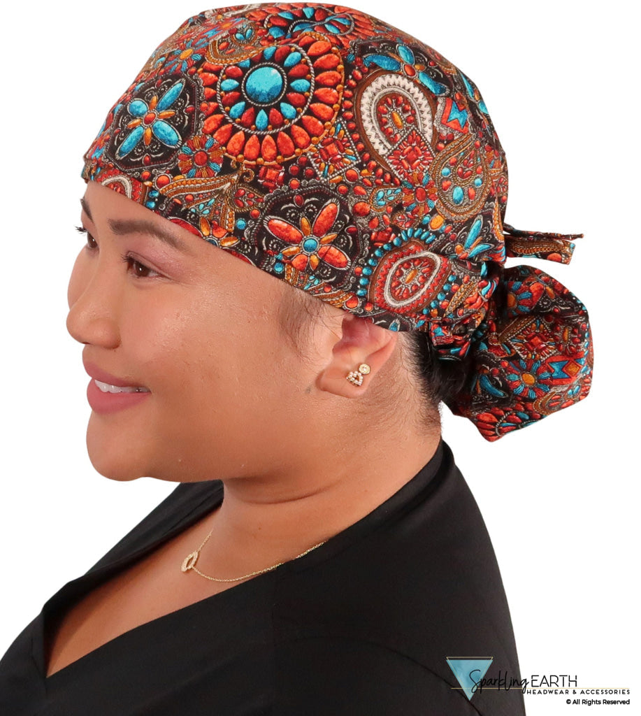 Big Hair Ponytail Surgical Scrub Cap - Perfect Scrub Cap for Long Hair - Indian Jewelry Coral Big Hair Surgical Scrub