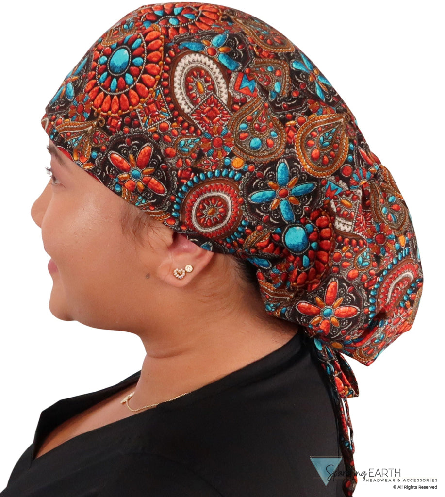 Big Hair Surgical - Indian Jewelry Coral - Big Hair Surgical Scrub Caps - Sparkling EARTH