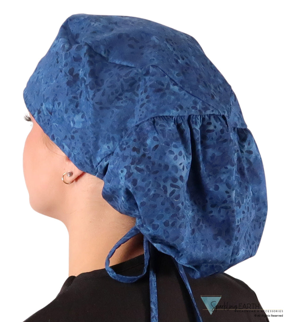 Big Hair Ponytail Surgical Scrub Cap - Perfect Scrub Cap for Long Hair - Indigo Blue Batik Big Hair Surgical Scrub Caps