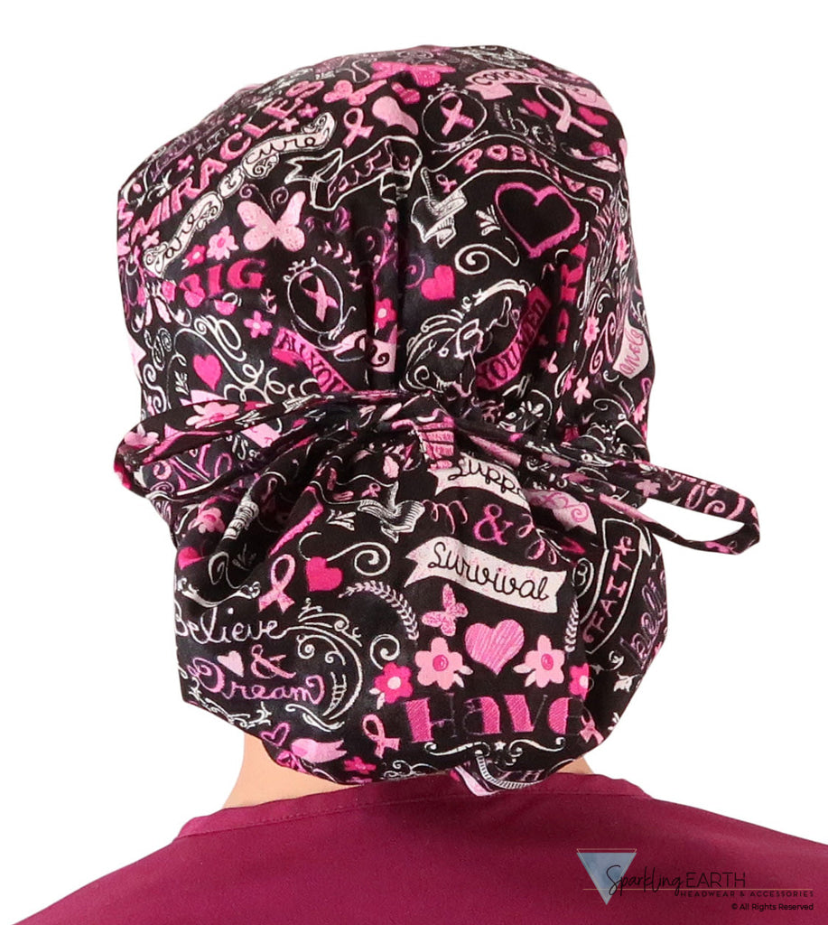 Big Hair Women’s Scrub Cap - Pink Ribbon Collage on Black Big Hair Surgical Scrub Caps