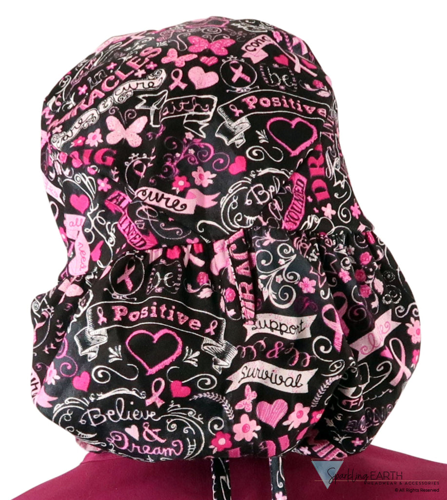 Big Hair Women’s Scrub Cap - Pink Ribbon Collage on Black Big Hair Surgical Scrub Caps