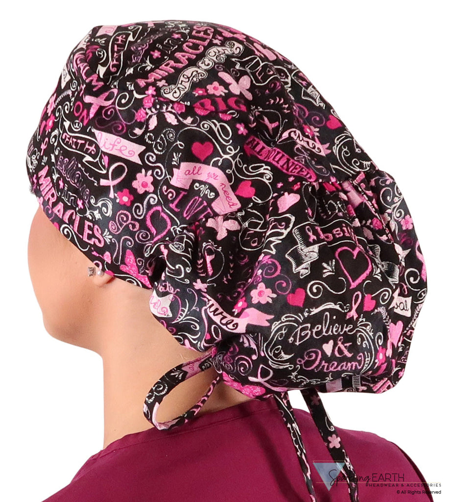 Big Hair Women’s Scrub Cap - Pink Ribbon Collage on Black Big Hair Surgical Scrub Caps