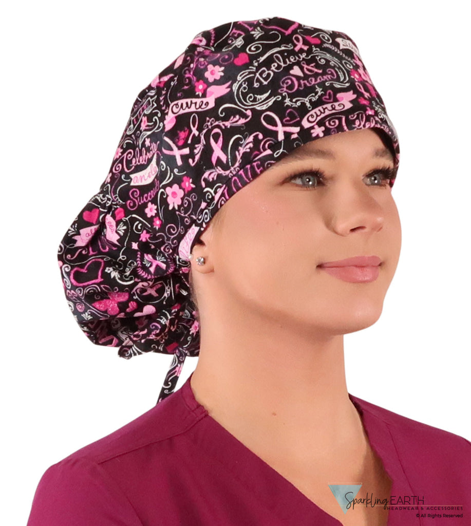 Big Hair Women’s Scrub Cap - Pink Ribbon Collage on Black Big Hair Surgical Scrub Caps
