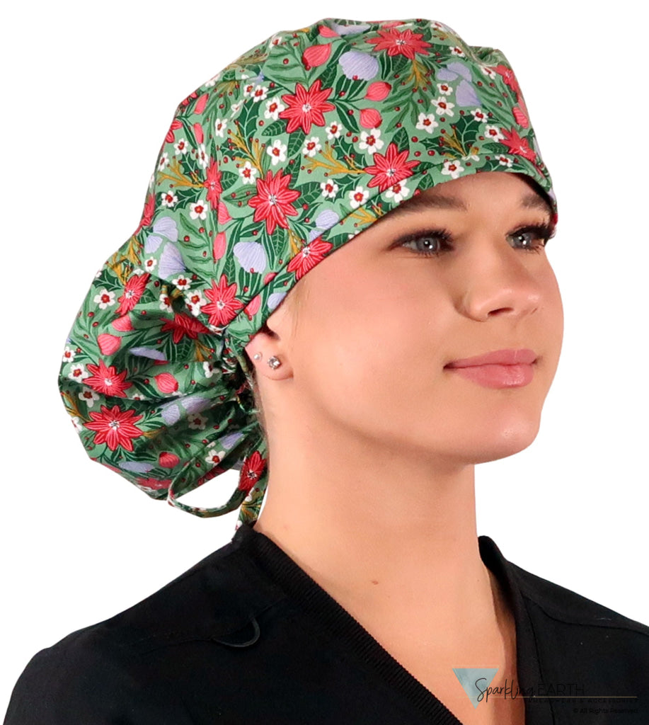 Big Hair Ponytail Surgical Scrub Cap - Poinsettia Party Big Hair Surgical Scrub Caps