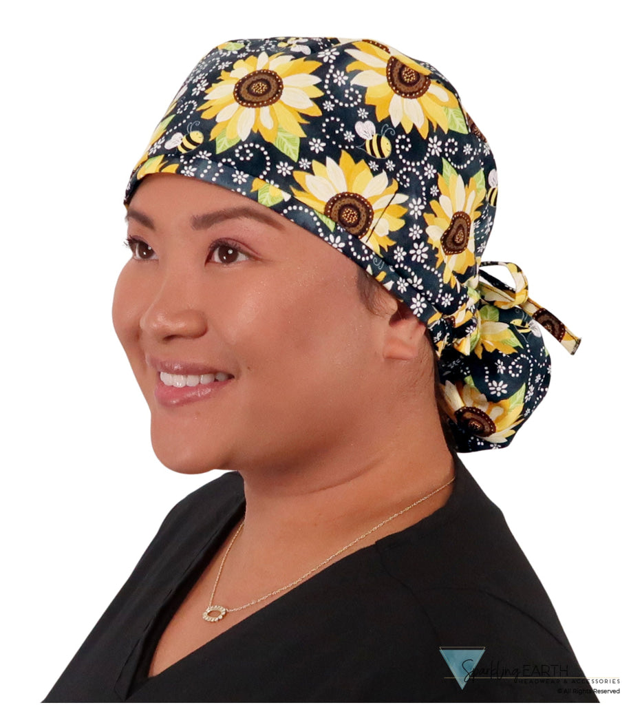 Big Hair Surgical Scrub Cap - Sunflowers on Black - Big Hair Surgical Scrub Caps - Sparkling EARTH