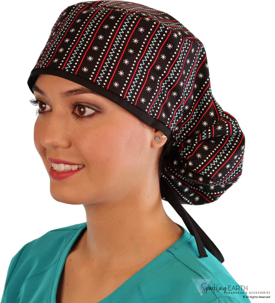 Big Hair Surgical Scrub Cap - Winter Sweater with Black Ties - Big Hair Surgical Scrub Caps - Sparkling EARTH