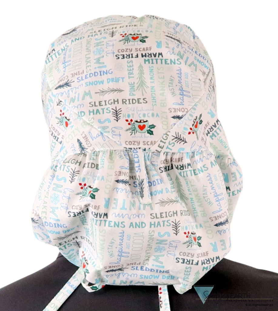 Big Hair Ponytail Surgical Scrub Cap - Perfect Scrub Cap for Long Hair - Wonterful Winter Words Big Hair Surgical Scrub