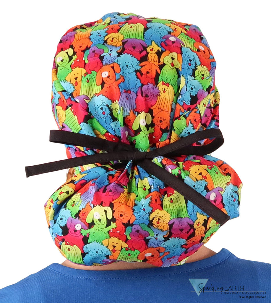 Big Hair Ponytail Surgical Scrub Cap - Prismatic Pooch Party with Black Ties Big Hair Surgical Scrub Caps
