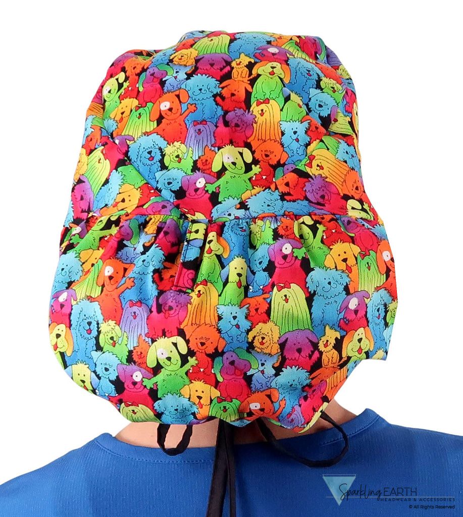 Big Hair Ponytail Surgical Scrub Cap - Prismatic Pooch Party with Black Ties Big Hair Surgical Scrub Caps
