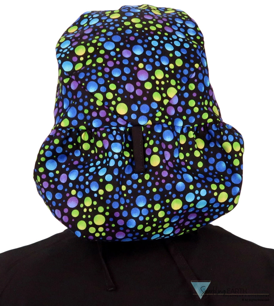 Big Hair Surgical Scrub Cap - Blue, Green & Purple Dots with Black Ties - Big Hair Surgical Scrub Caps - Sparkling EARTH
