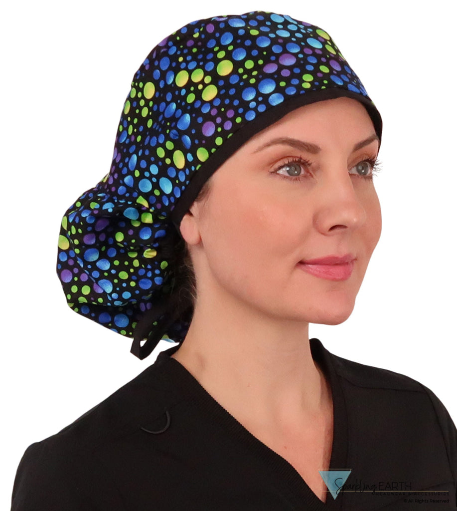 Big Hair Surgical Scrub Cap - Blue, Green & Purple Dots with Black Ties - Big Hair Surgical Scrub Caps - Sparkling EARTH