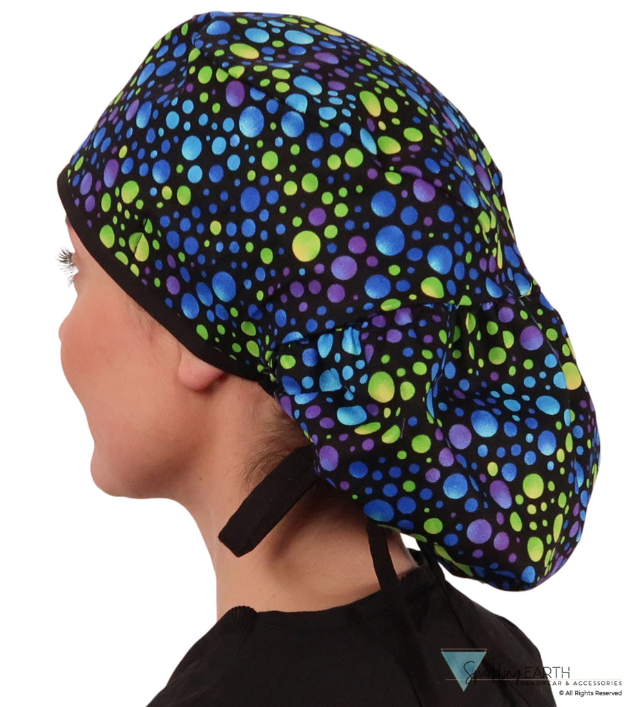 Big Hair Surgical Scrub Cap - Blue, Green & Purple Dots with Black Ties - Big Hair Surgical Scrub Caps - Sparkling EARTH