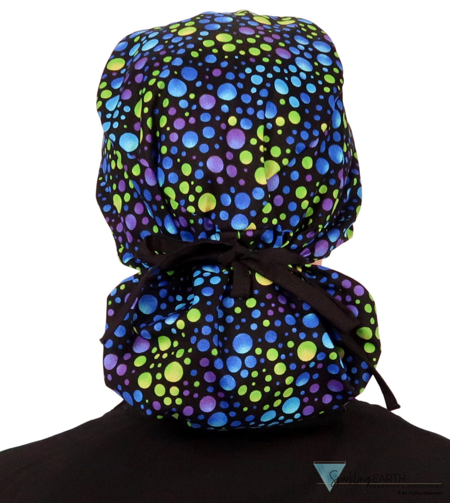 Big Hair Surgical Scrub Cap - Blue, Green & Purple Dots with Black Ties - Big Hair Surgical Scrub Caps - Sparkling EARTH