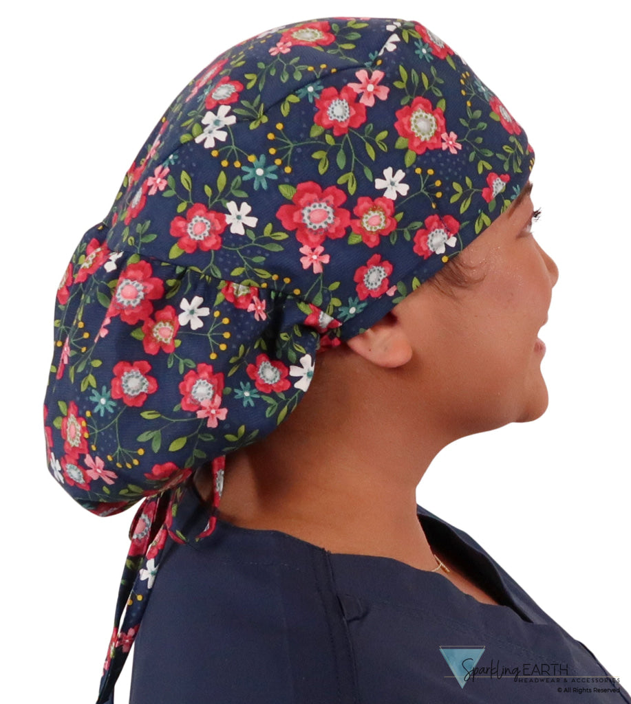 Big Hair Surgical Scrub Cap - Precious Primrose on Navy - Big Hair Surgical Scrub Caps - Sparkling EARTH