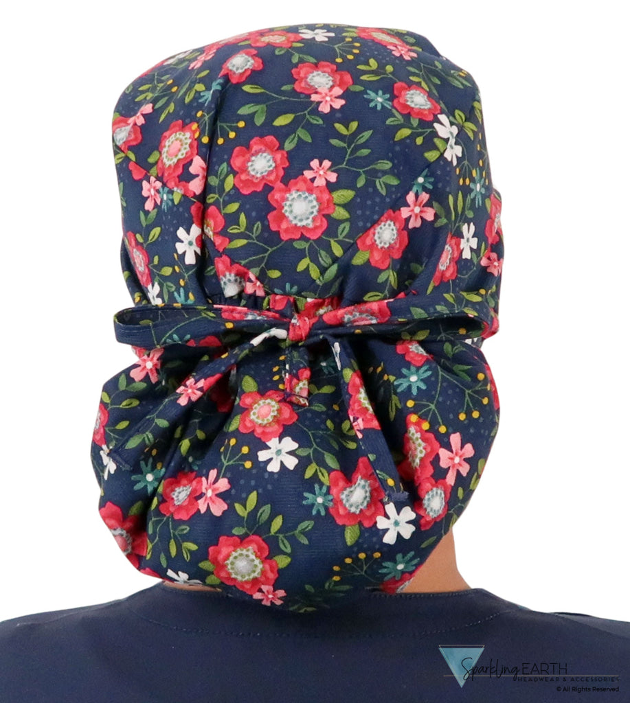 Big Hair Surgical Scrub Cap - Precious Primrose on Navy - Big Hair Surgical Scrub Caps - Sparkling EARTH