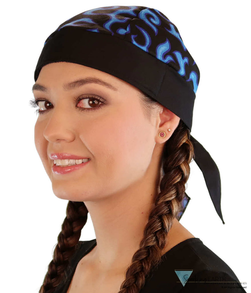 Breathable Cotton Skull Caps - Blue Liquid Flames on Black - Classic Skull Caps - Sparkling EARTH