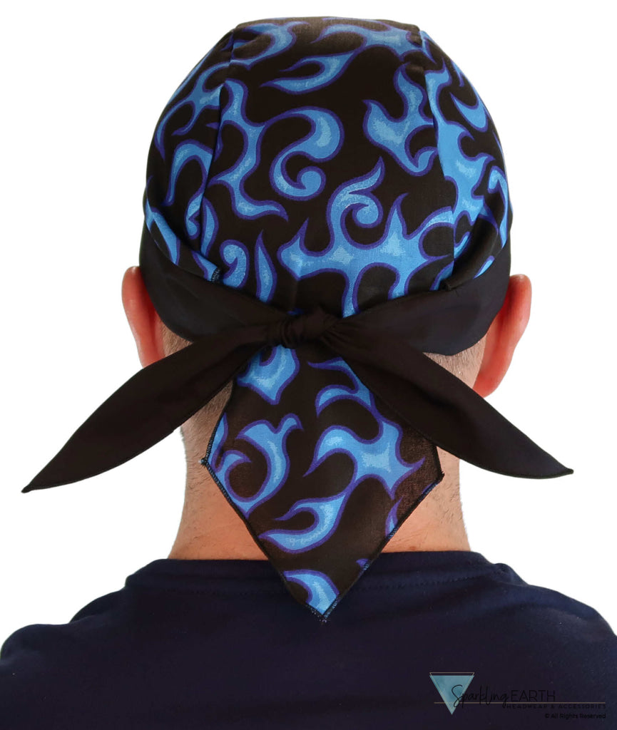 Breathable Cotton Skull Caps - Blue Liquid Flames on Black - Classic Skull Caps - Sparkling EARTH