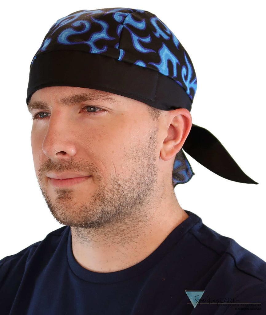Breathable Cotton Skull Caps - Blue Liquid Flames on Black - Classic Skull Caps - Sparkling EARTH