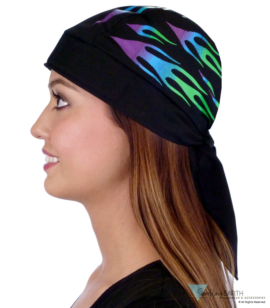 Breathable Cotton Skull Caps - Green and Blue Flames - Classic Skull Caps - Sparkling EARTH