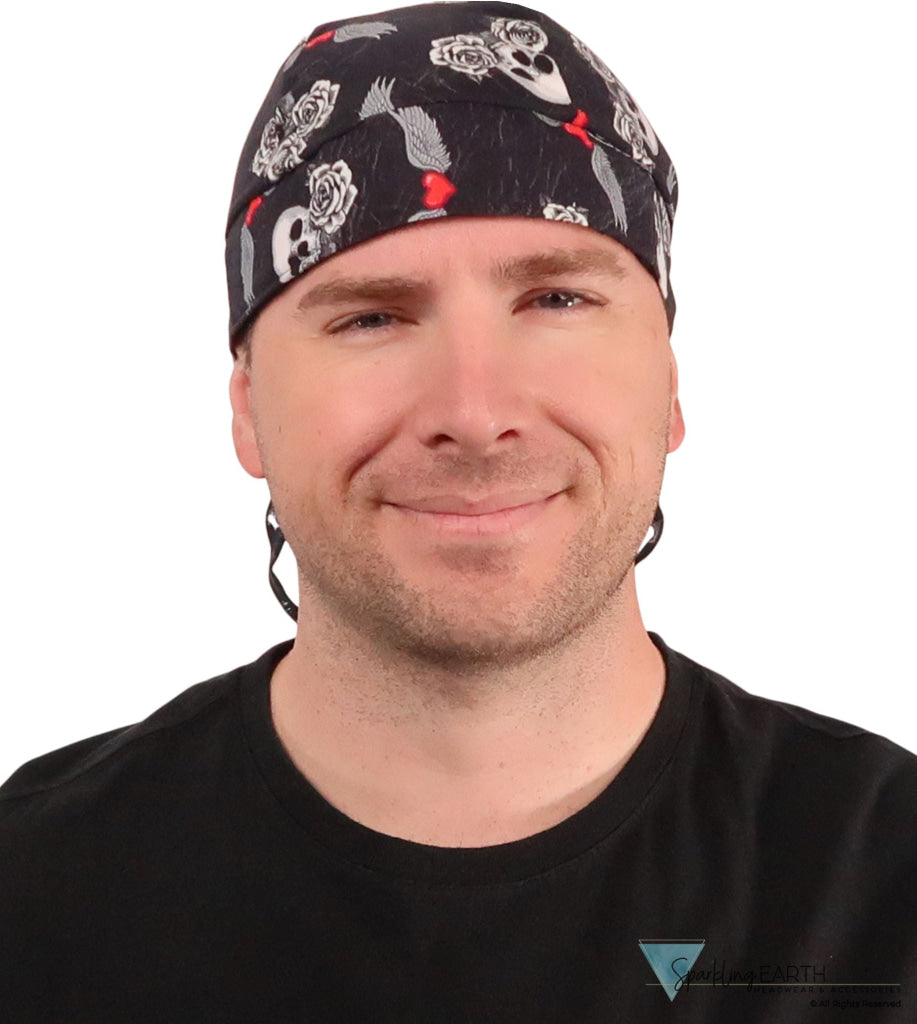 Breathable Cotton Skull Caps: Perfect for Any Activity - Hearts Skulls & Roses on Black Classic Skull Caps