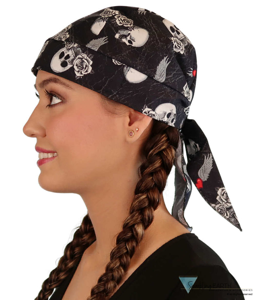 Breathable Cotton Skull Caps: Perfect for Any Activity - Hearts Skulls & Roses on Black Classic Skull Caps
